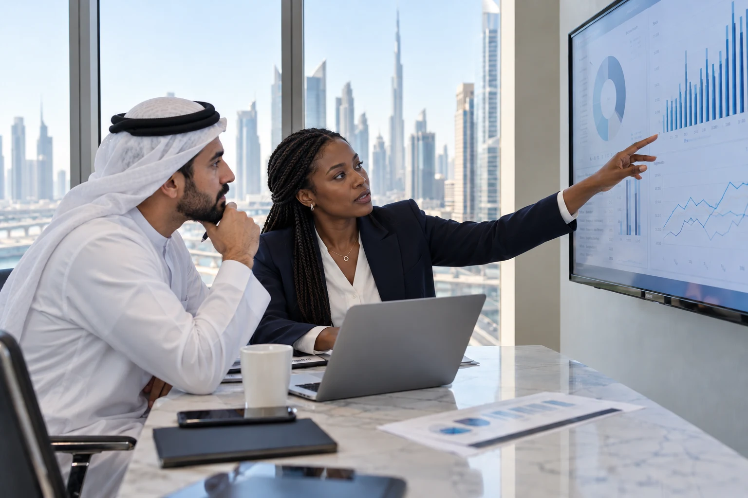 Analysts reviewing market opportunities and growth plans
