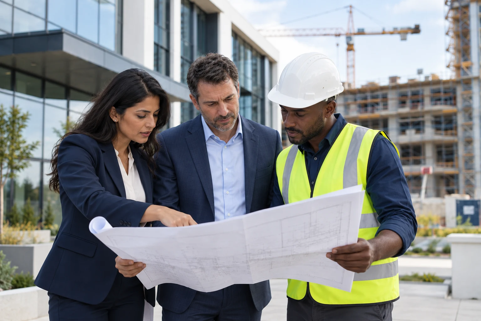Business consultants and an engineer reviewing plans at a commercial development